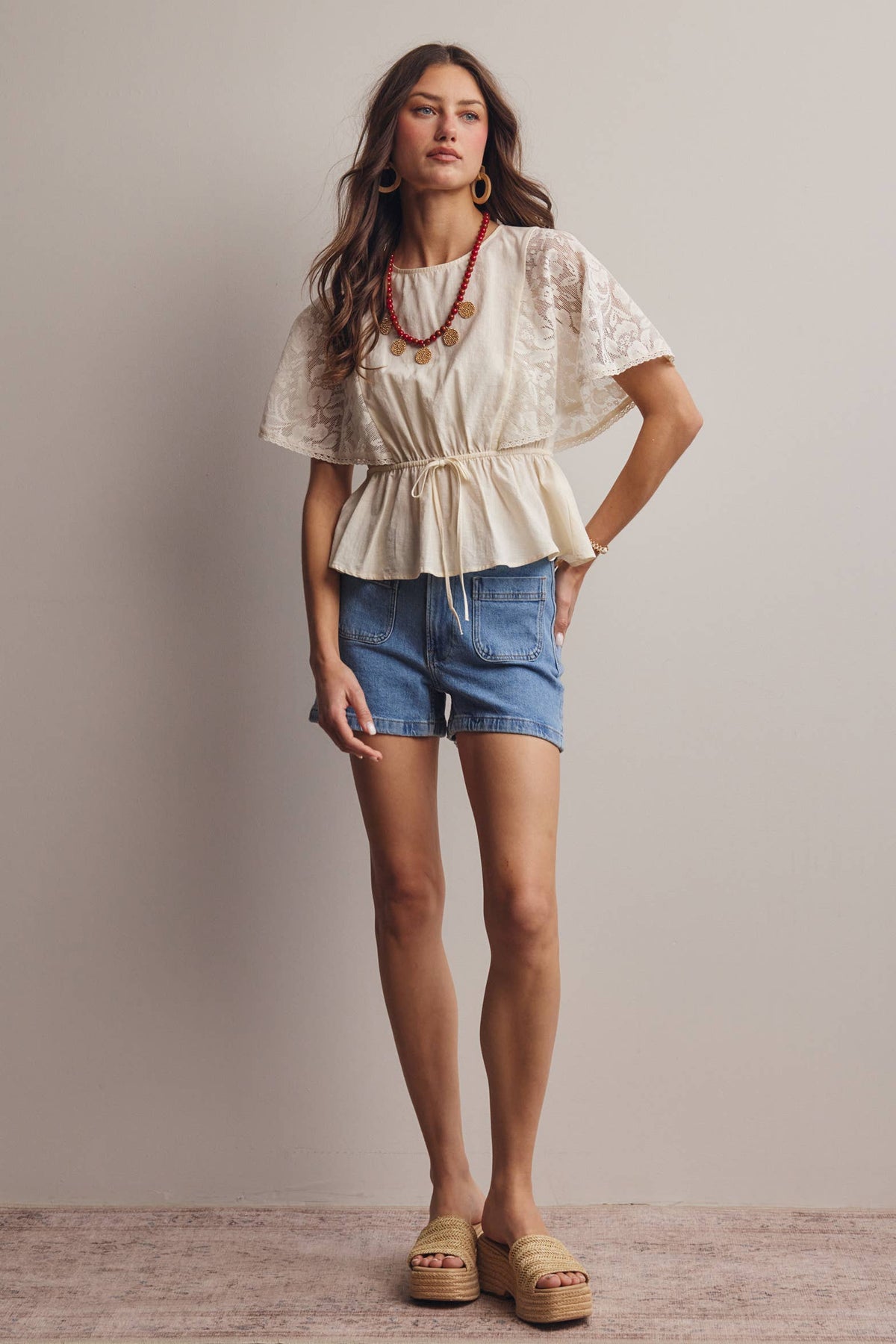 Lace Cape Sleeve Cotton Peplum Top