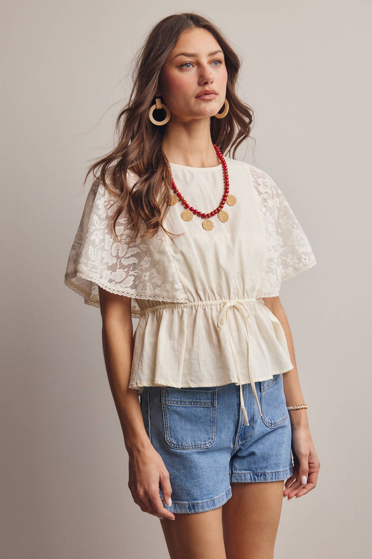Lace Cape Sleeve Cotton Peplum Top