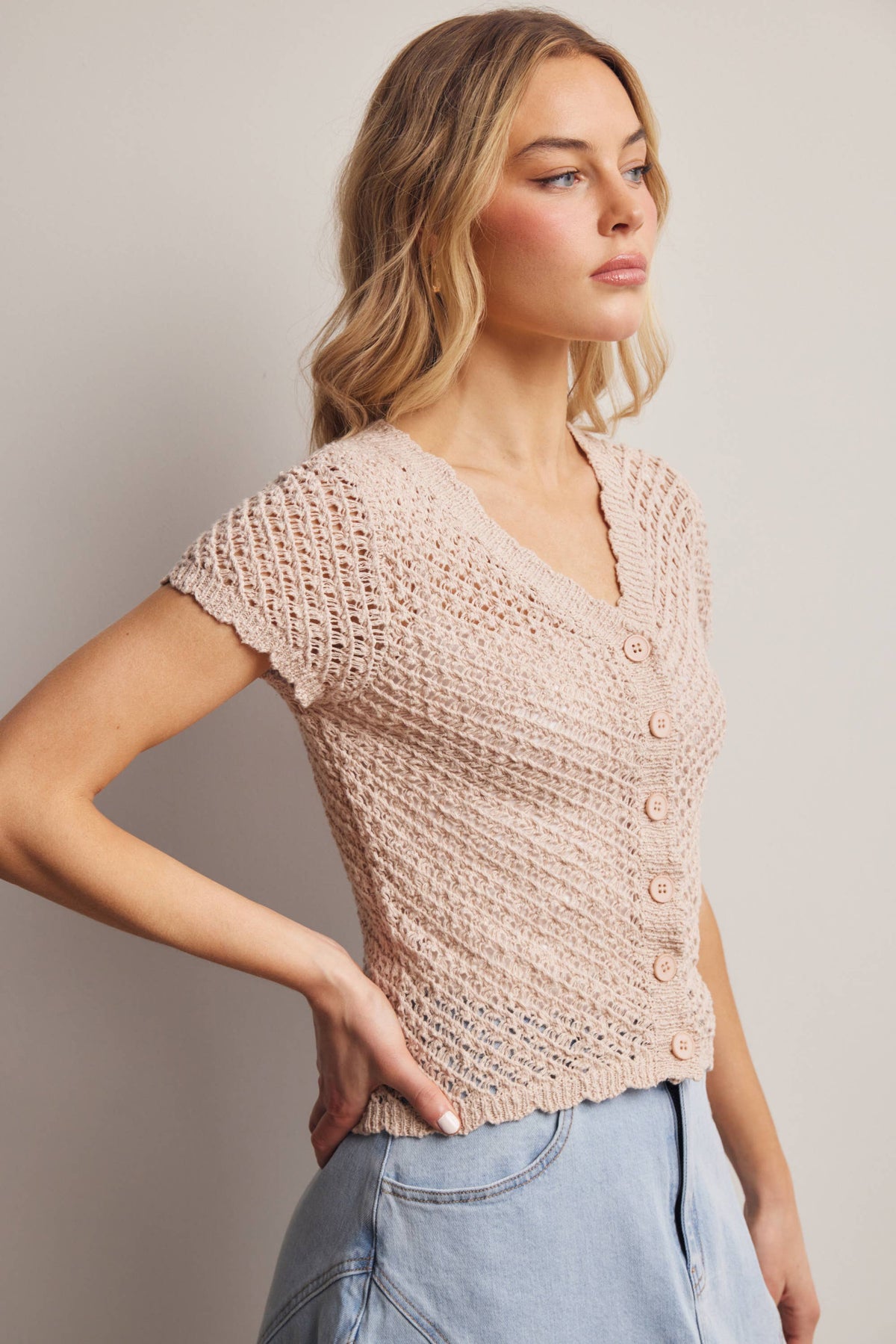 Open-Knit Short-Sleeve Crochet Cardigan Top
