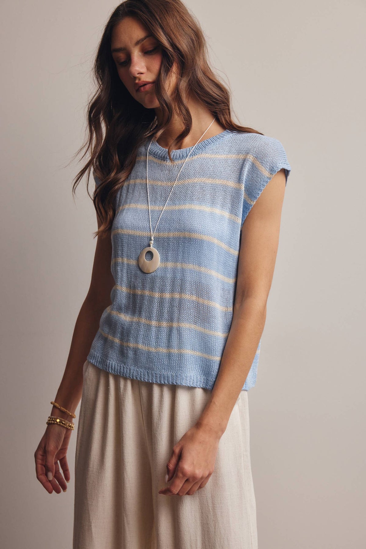 Striped Knit Cap-Sleeve Sweater Top