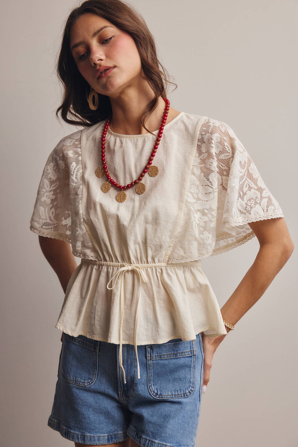 Lace Cape Sleeve Cotton Peplum Top