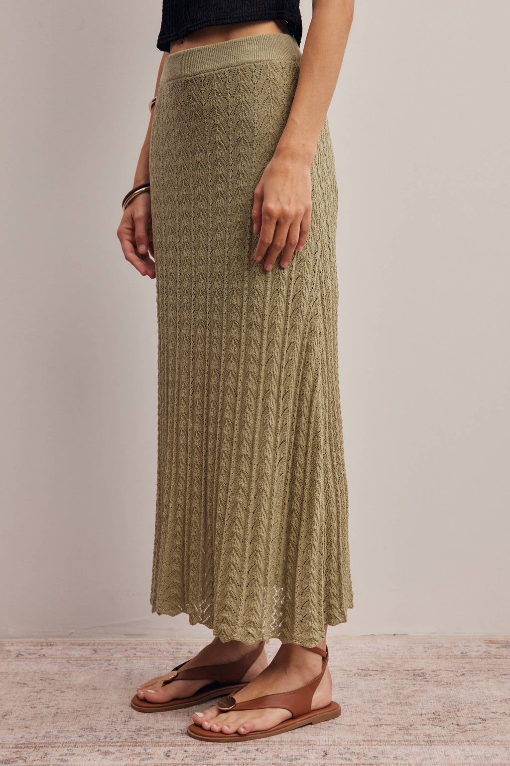 Pointelle Sage Knit Midi Skirt