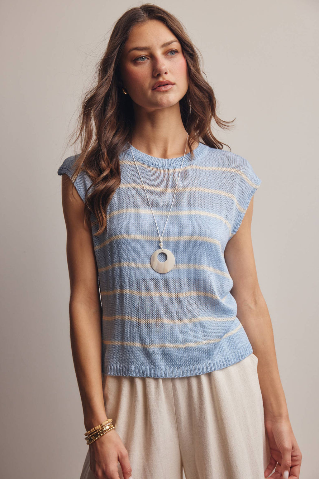 Striped Knit Cap-Sleeve Sweater Top