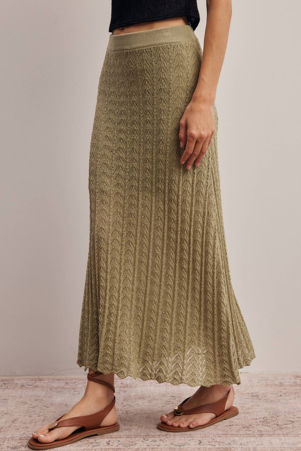 Pointelle Sage Knit Midi Skirt