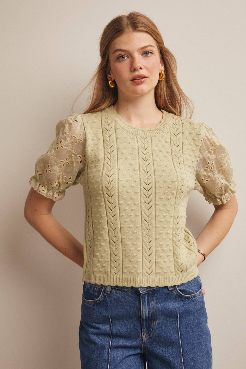 Lace Puff Sleeve Knit Top