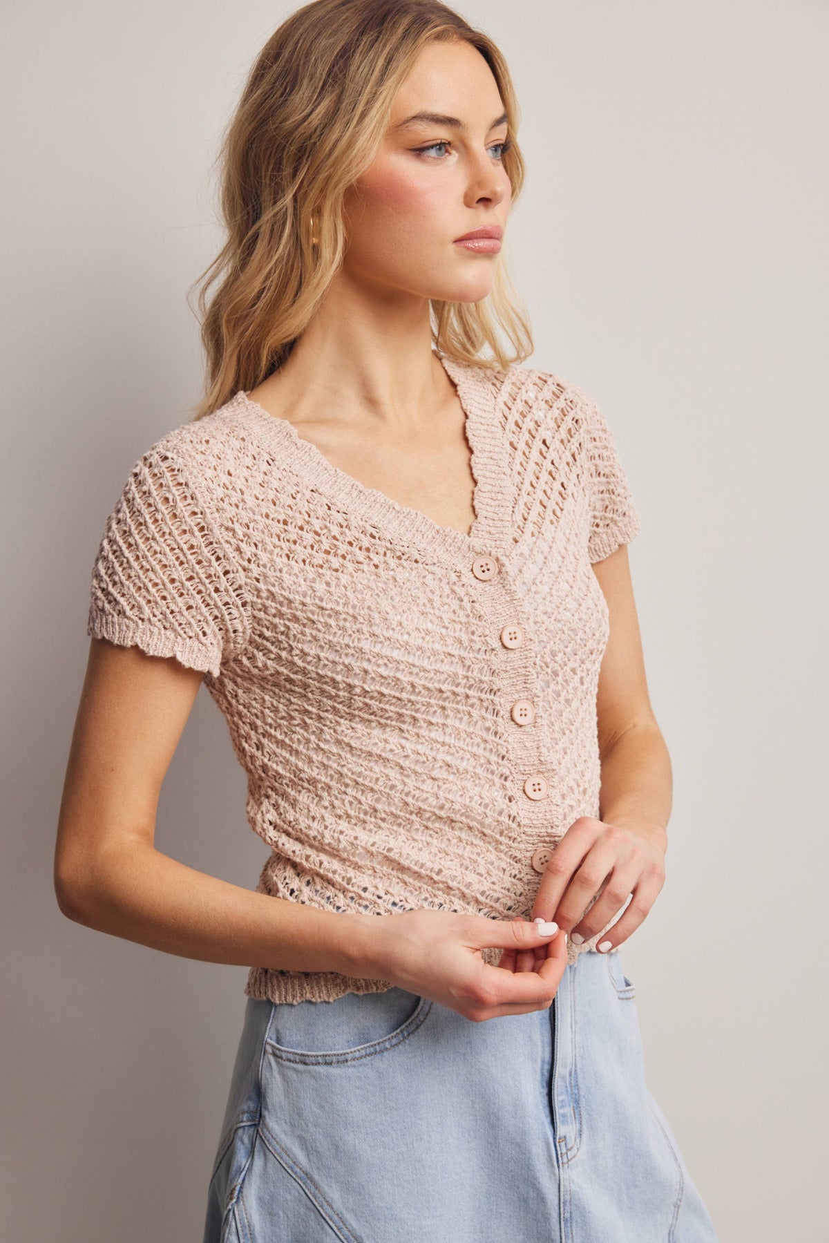 Open-Knit Short-Sleeve Crochet Cardigan Top