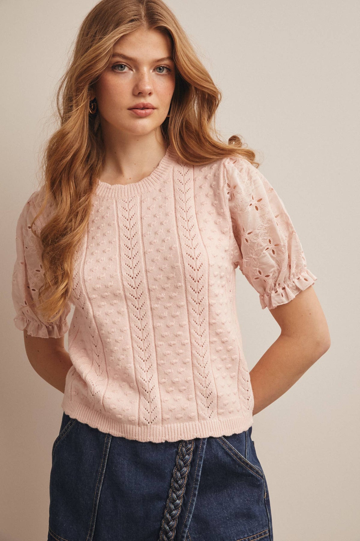 Lace Puff Sleeve Knit Top