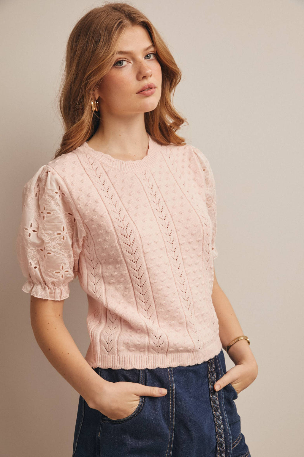 Lace Puff Sleeve Knit Top