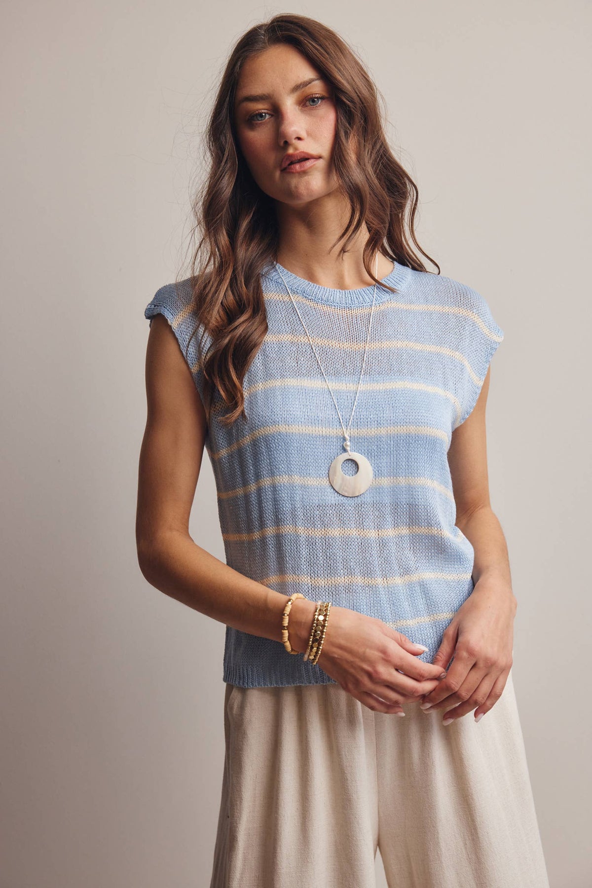 Striped Knit Cap-Sleeve Sweater Top