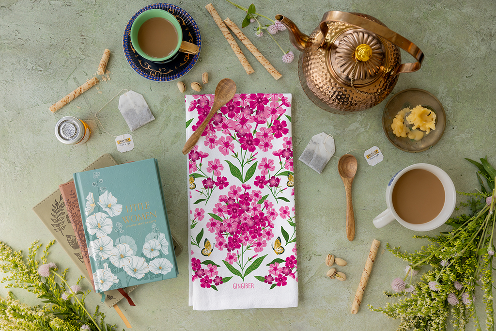 Pink Perennial Tea Towel - Spring Floral Kitchen Towel Decor