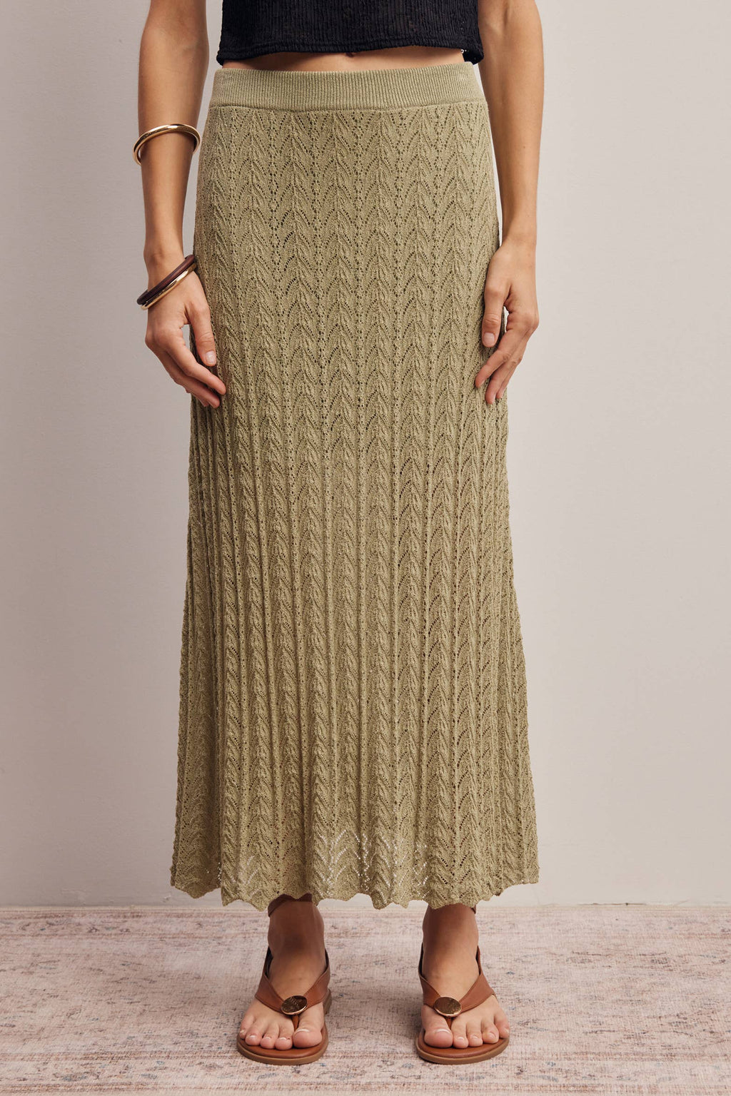 Pointelle Sage Knit Midi Skirt