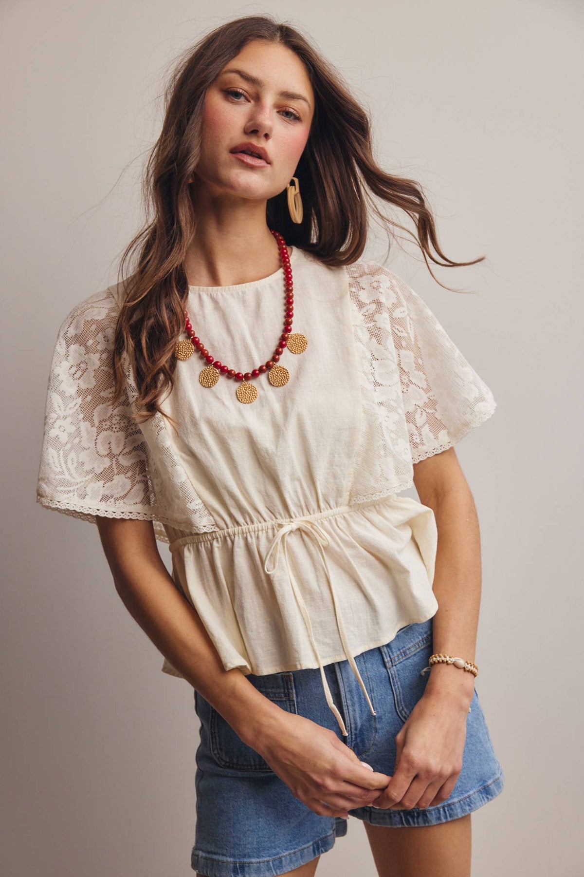 Lace Cape Sleeve Cotton Peplum Top