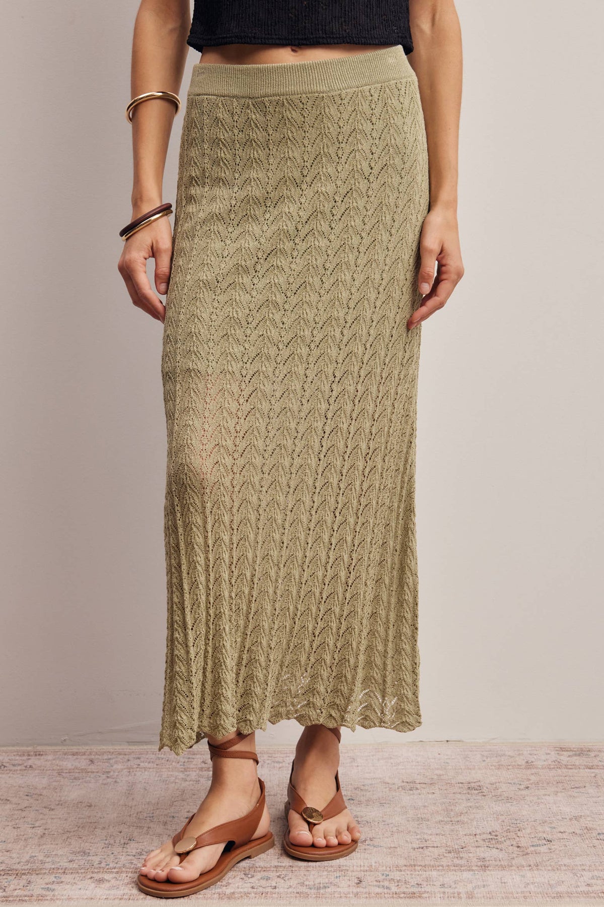 Pointelle Sage Knit Midi Skirt