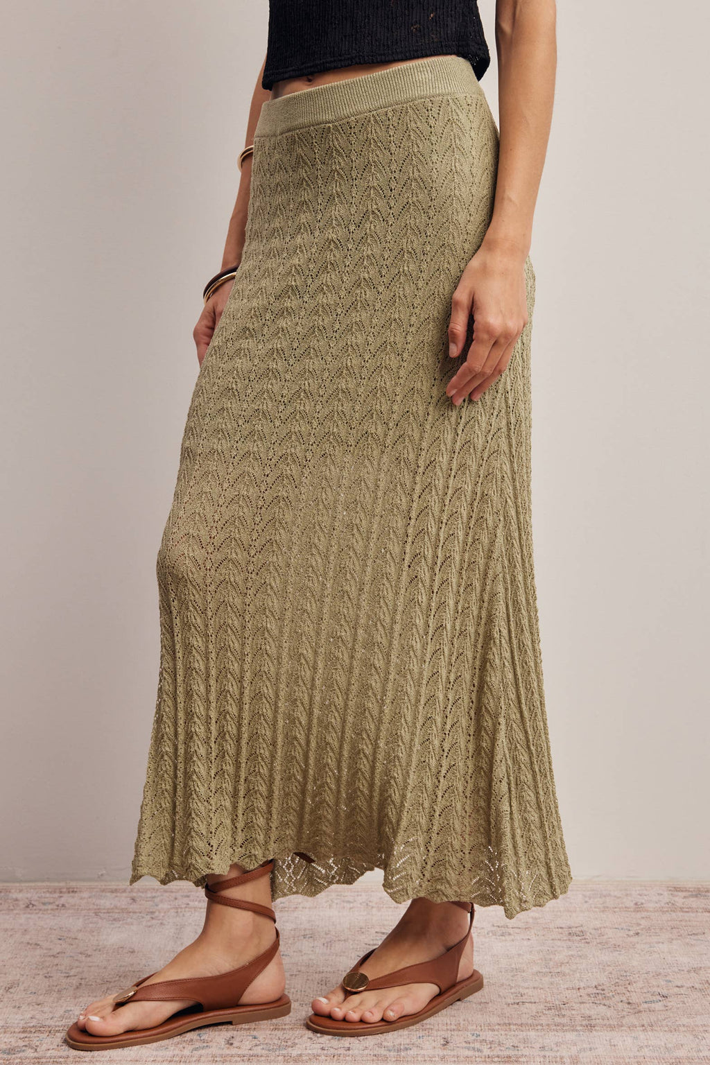 Pointelle Sage Knit Midi Skirt