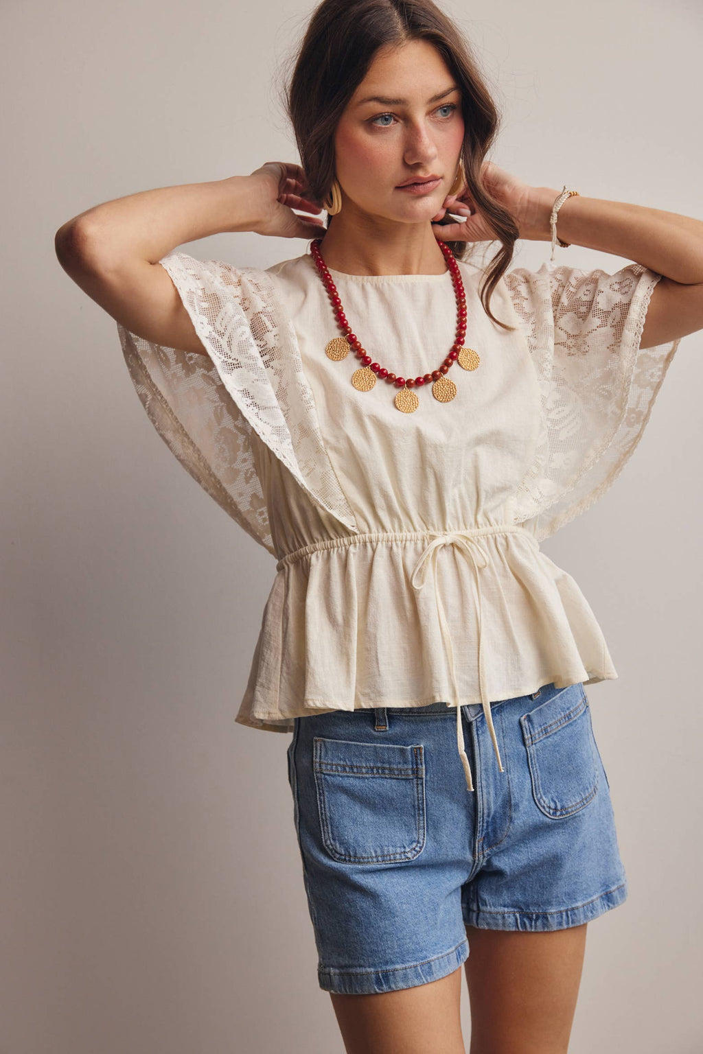 Lace Cape Sleeve Cotton Peplum Top