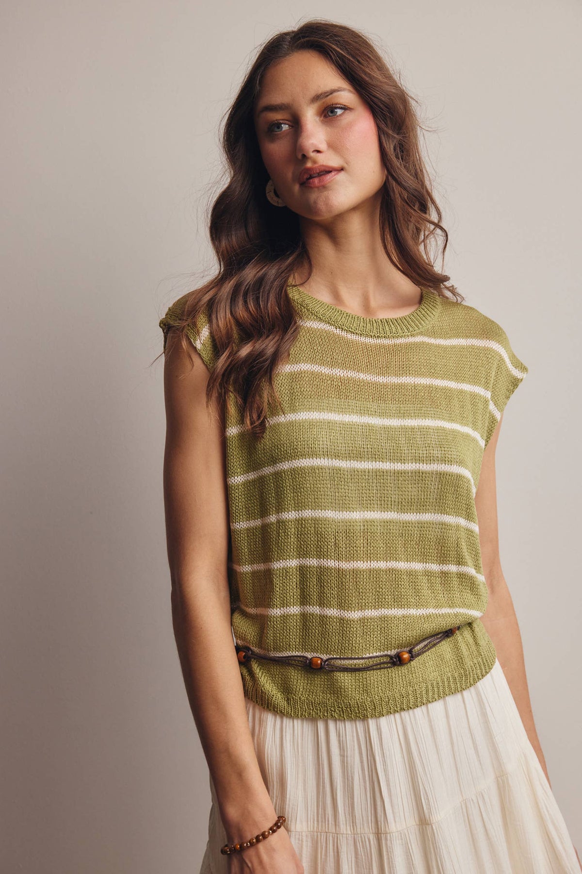 Striped Knit Cap-Sleeve Sweater Top