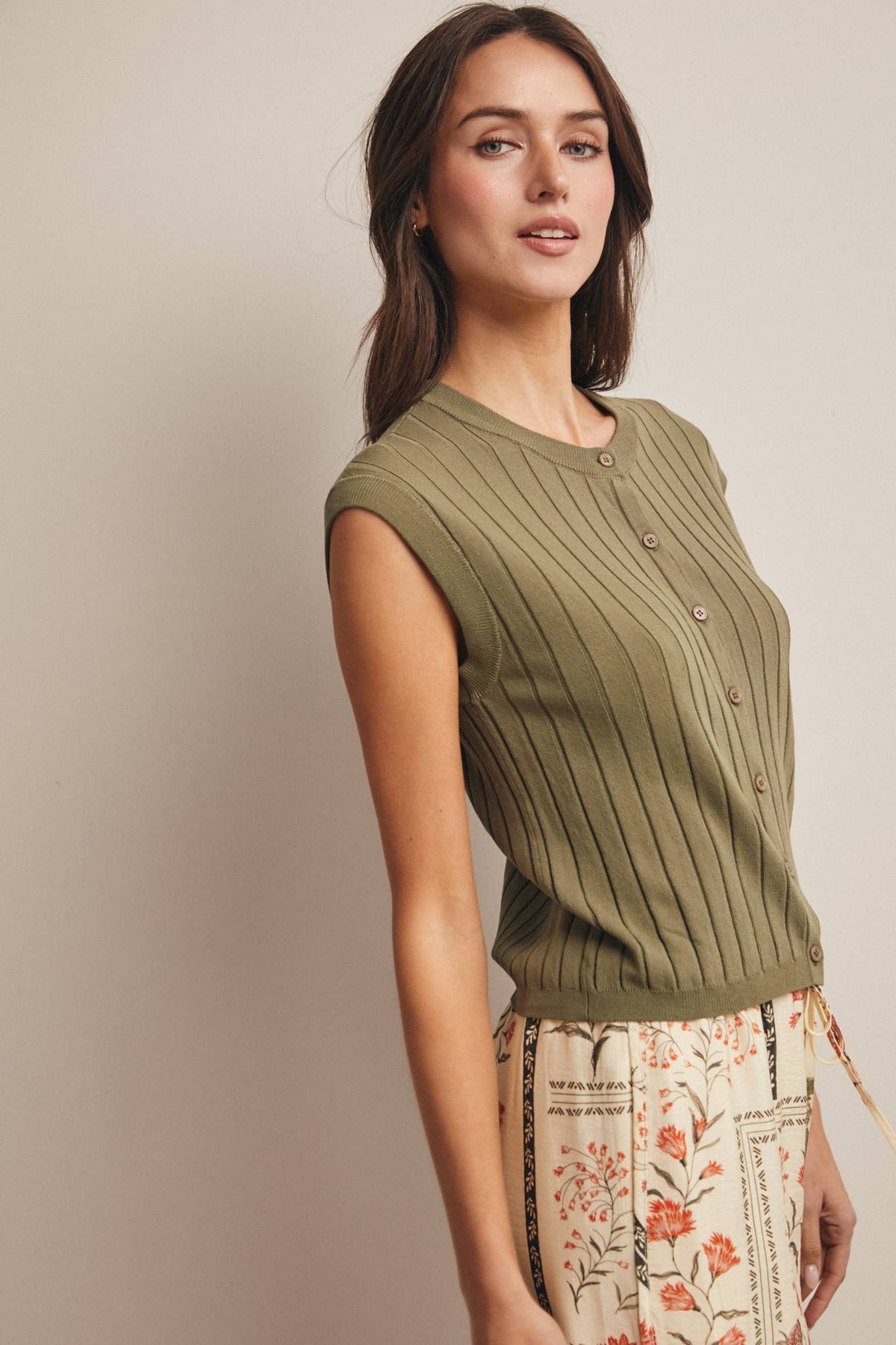 Ribbed Button-Front Knit Tank