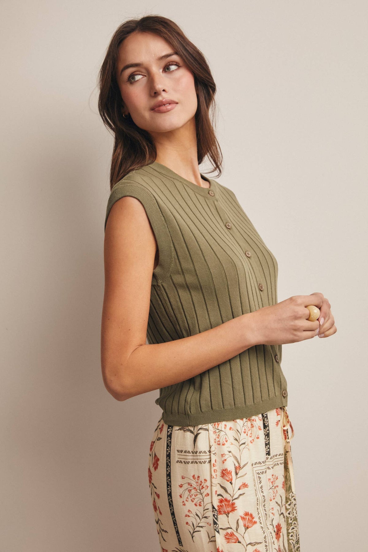 Ribbed Button-Front Knit Tank