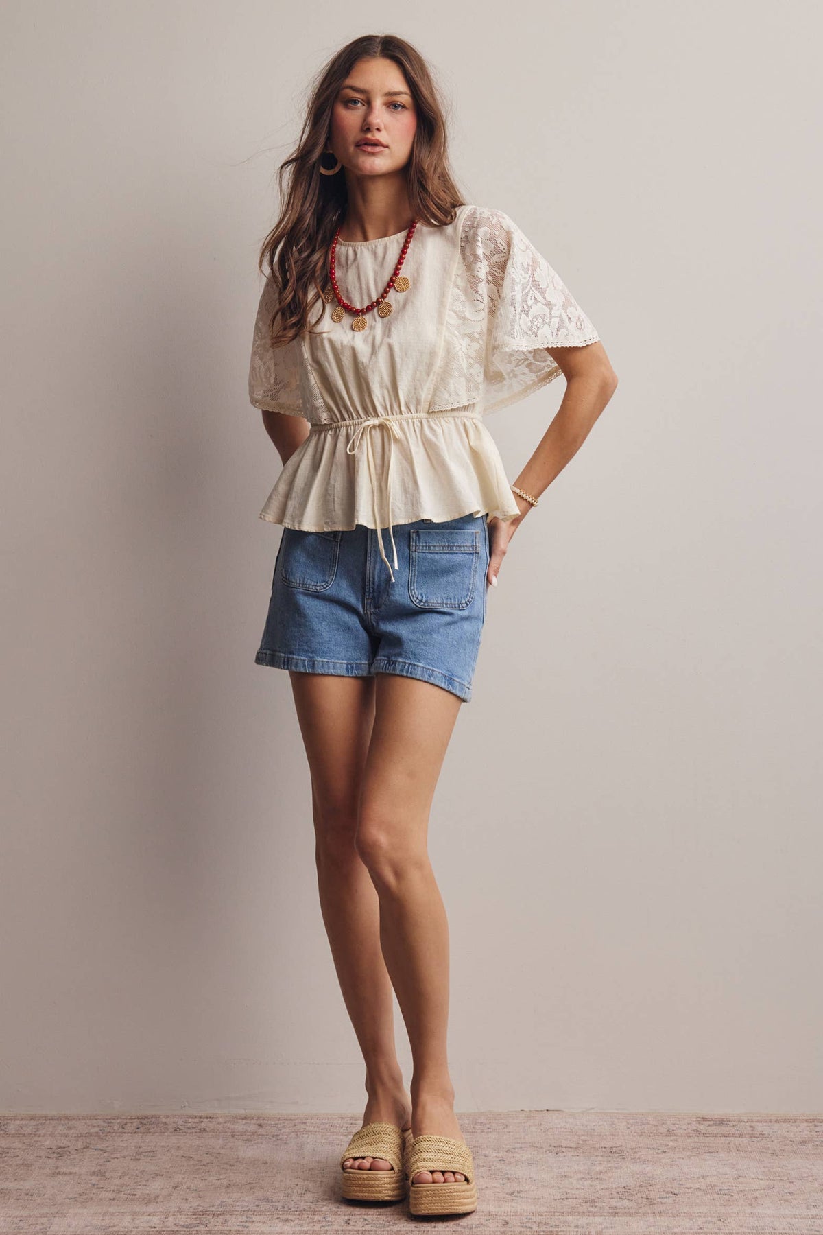Lace Cape Sleeve Cotton Peplum Top
