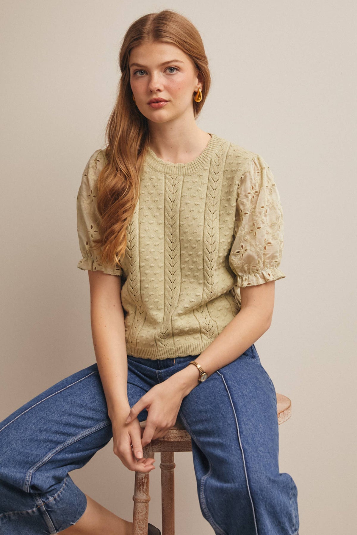 Lace Puff Sleeve Knit Top