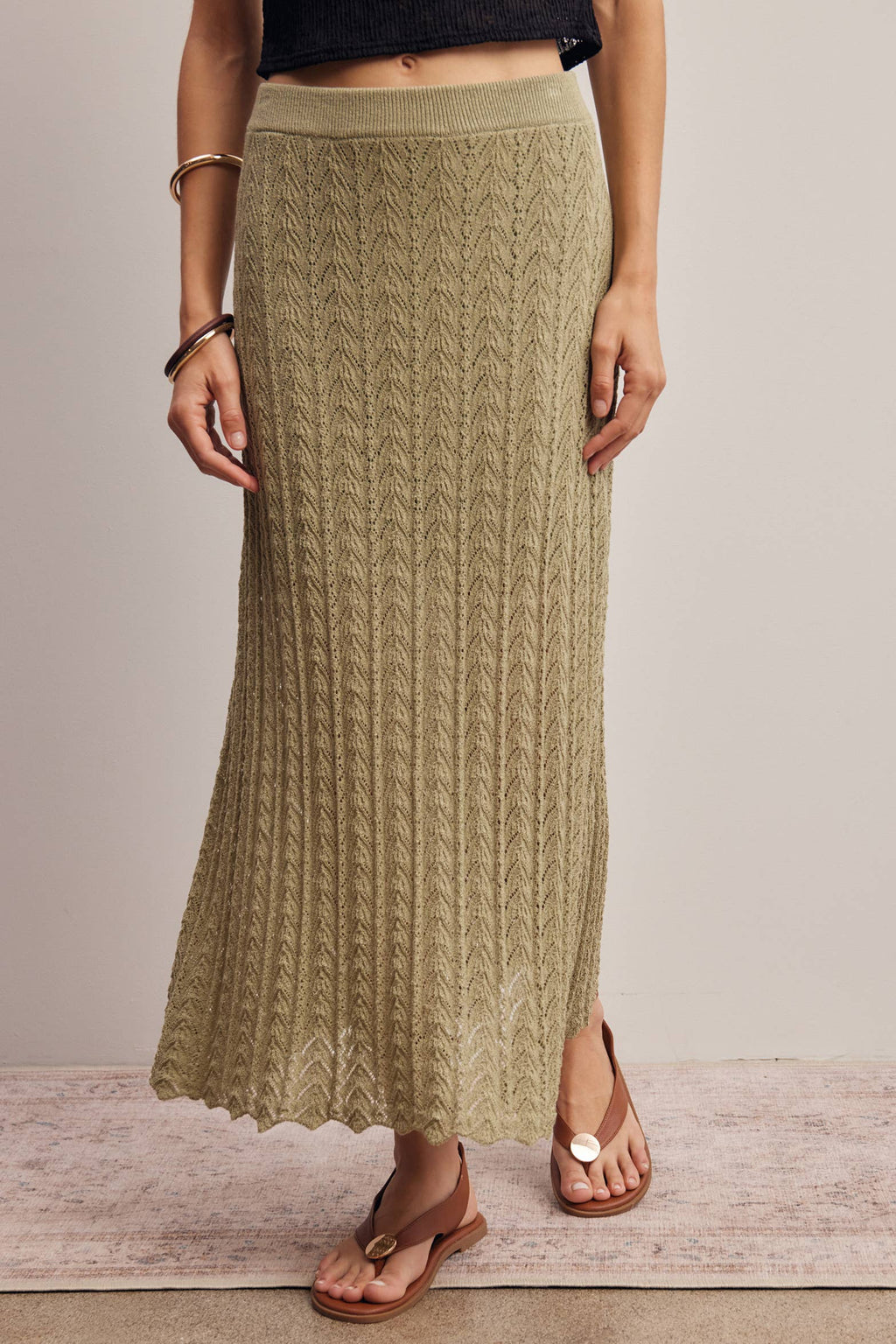 Pointelle Sage Knit Midi Skirt