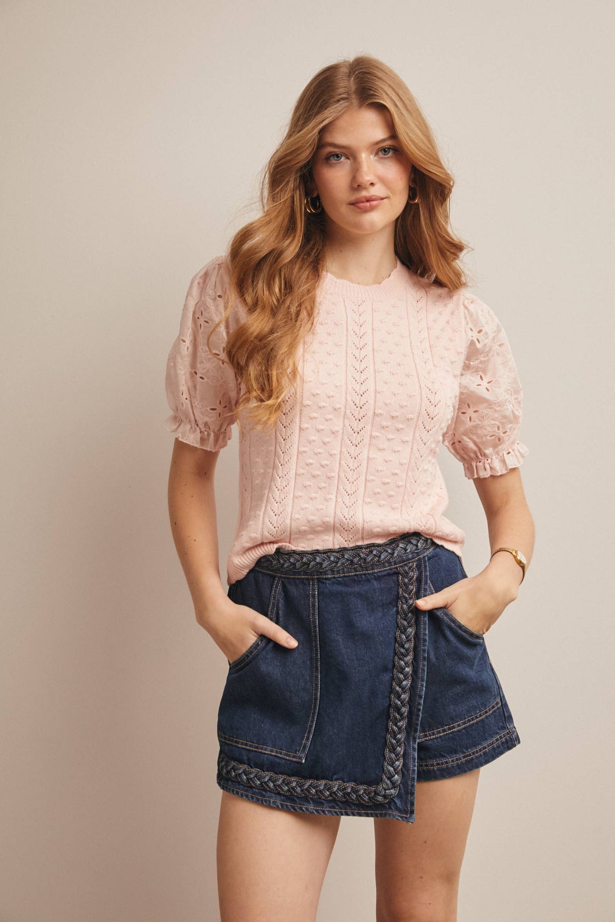 Lace Puff Sleeve Knit Top