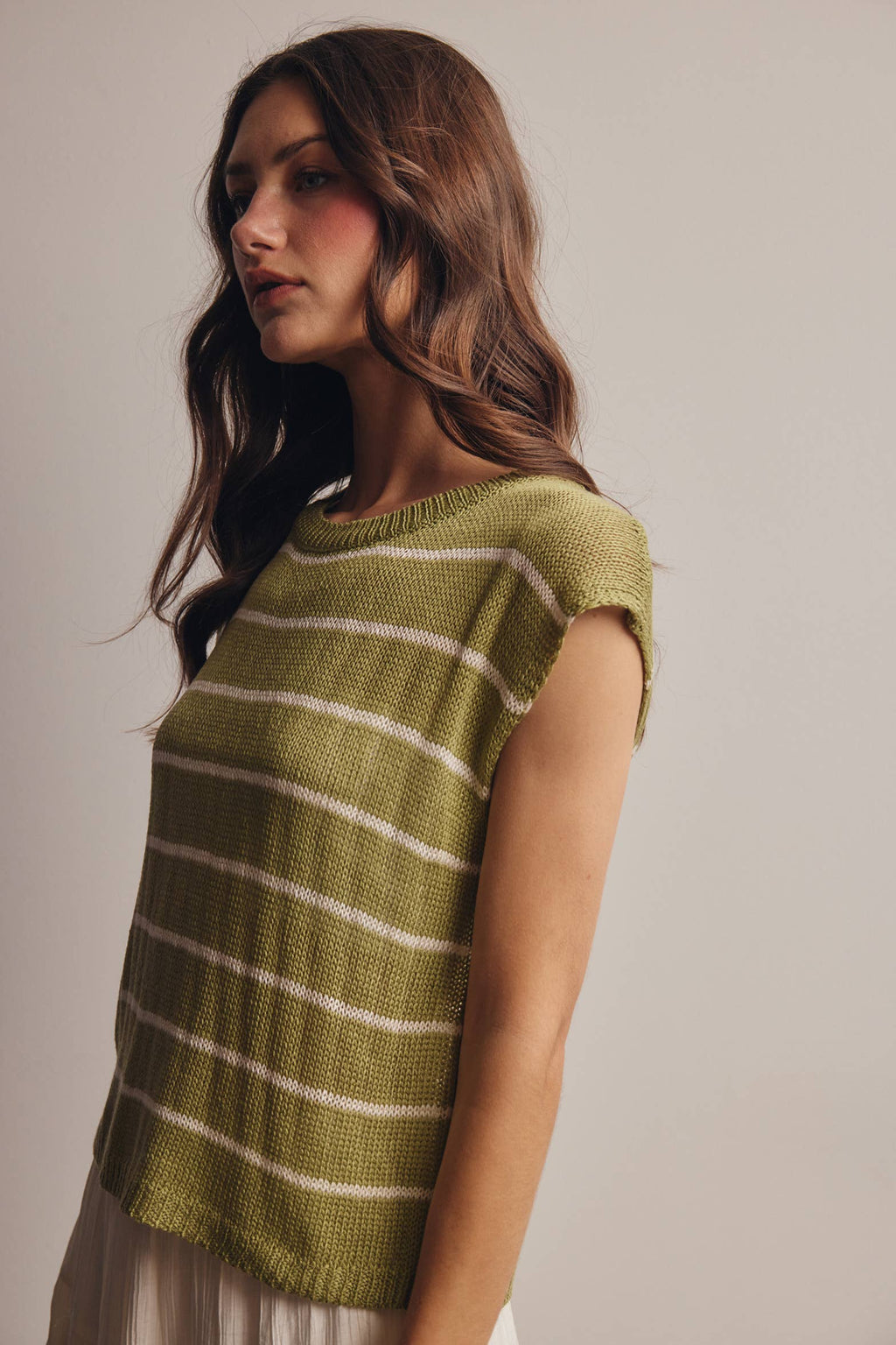 Striped Knit Cap-Sleeve Sweater Top