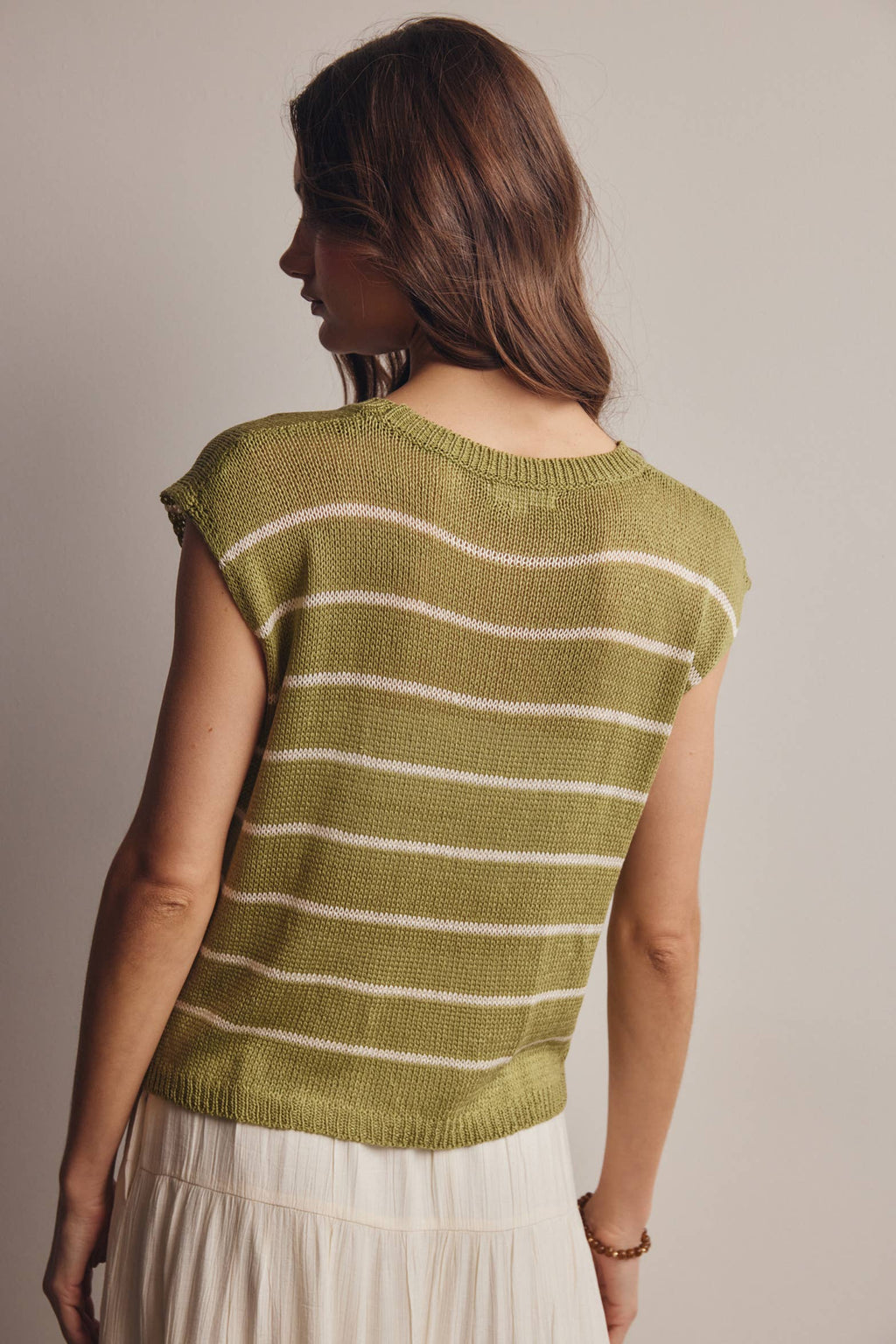 Striped Knit Cap-Sleeve Sweater Top