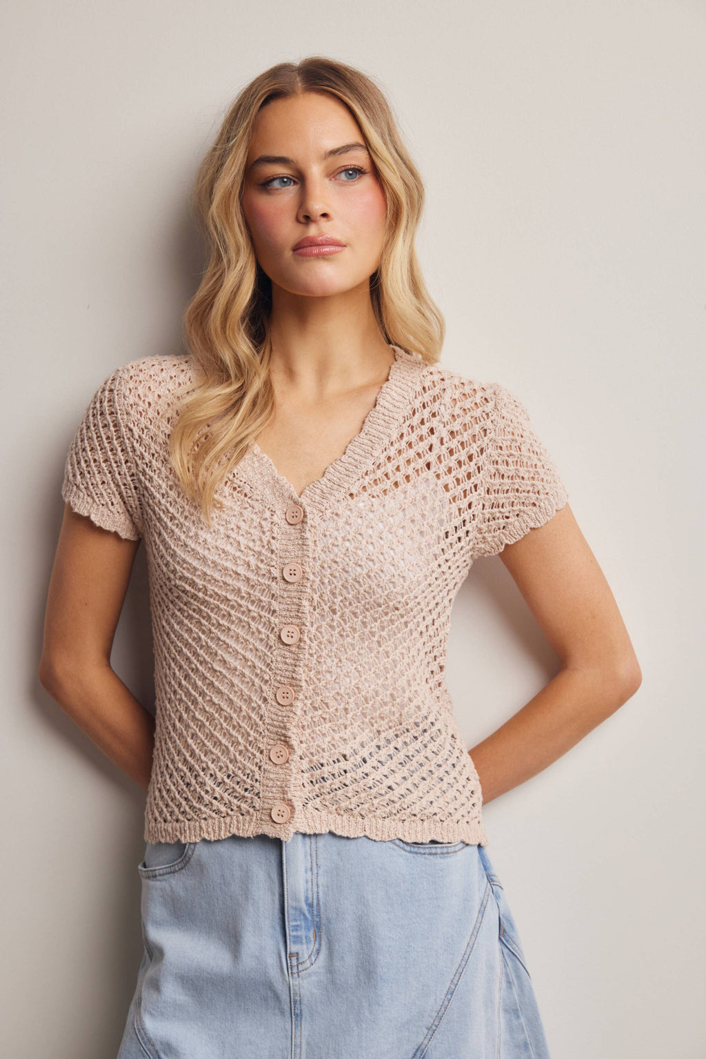 Open-Knit Short-Sleeve Crochet Cardigan Top
