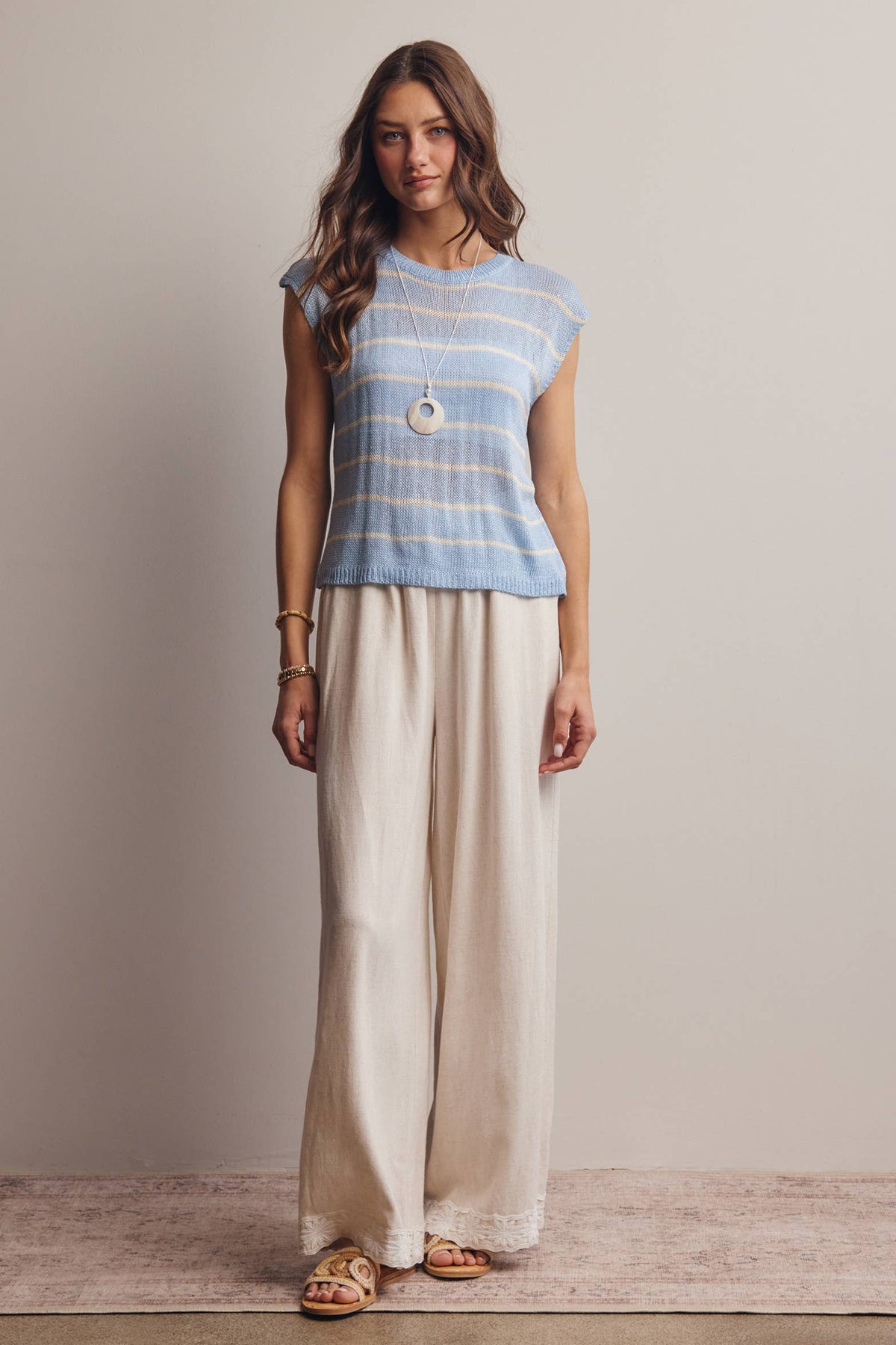 Striped Knit Cap-Sleeve Sweater Top