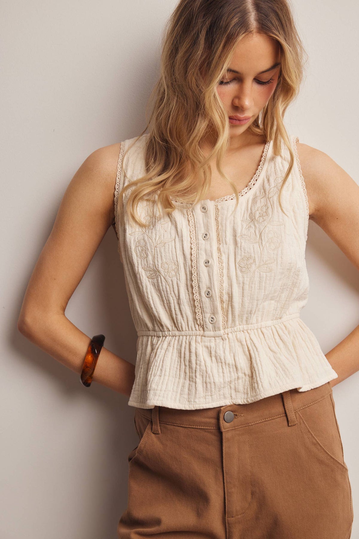 Embroidered Peplum Cotton Tank Top