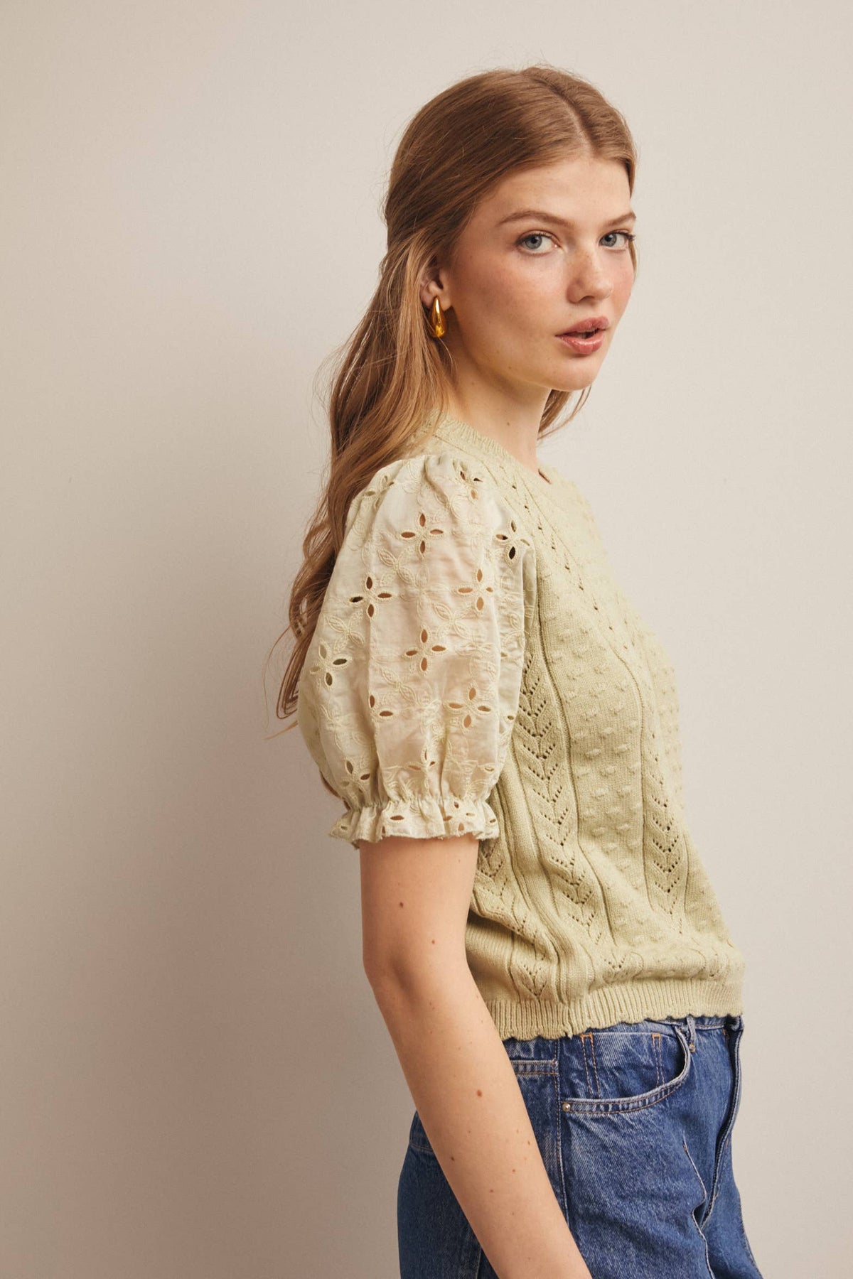 Lace Puff Sleeve Knit Top