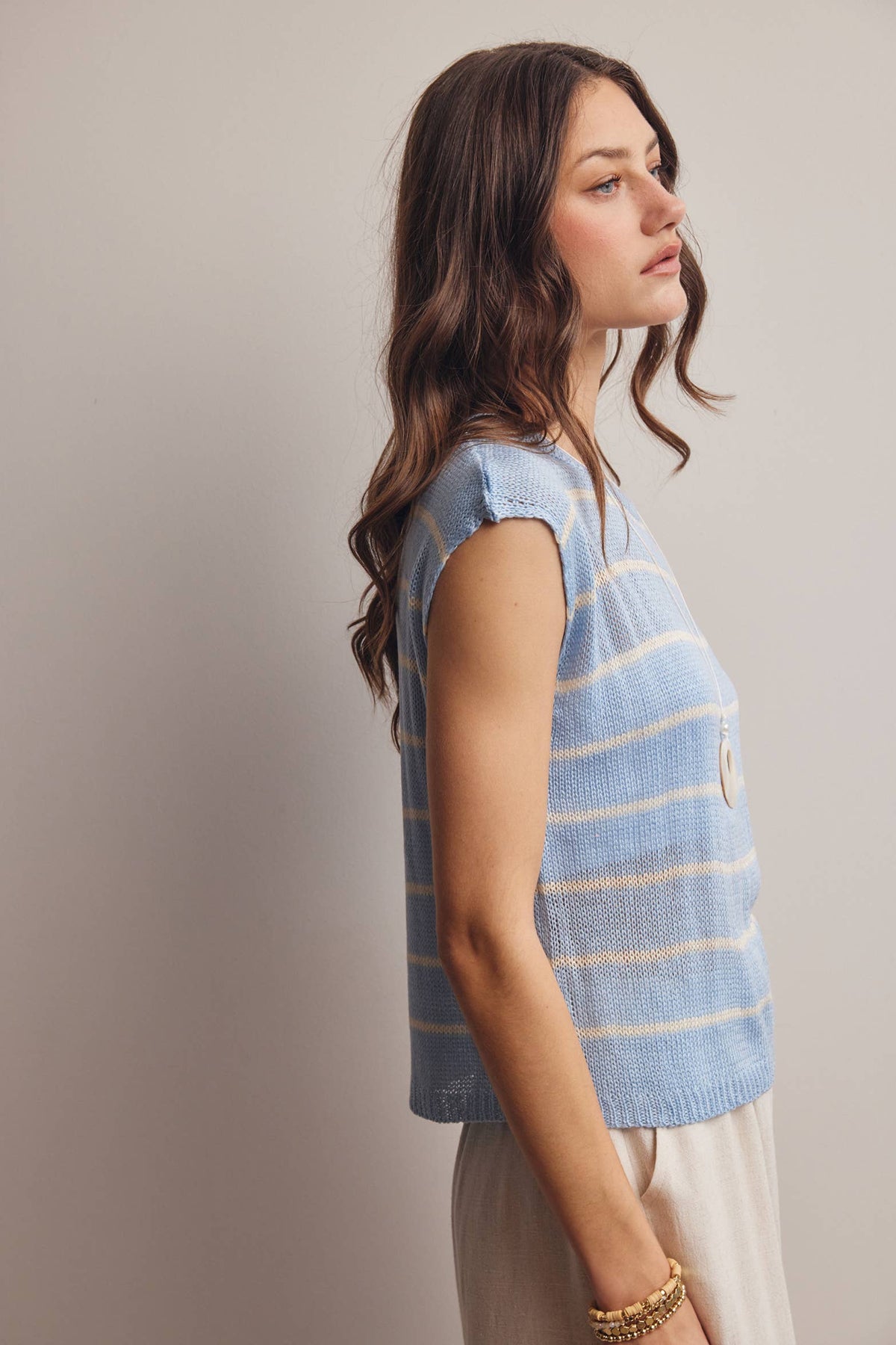 Striped Knit Cap-Sleeve Sweater Top