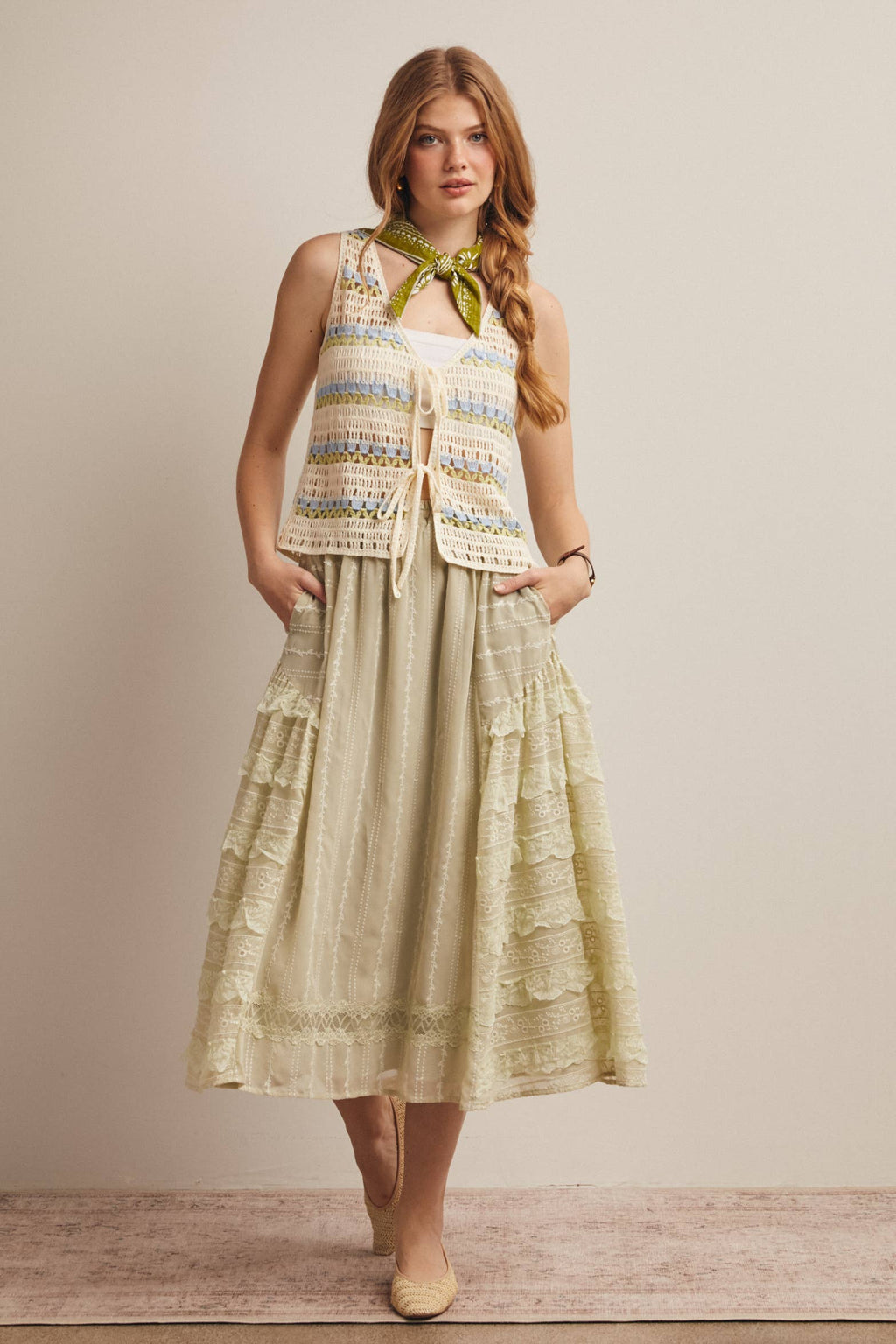 Lace Tiered Midi Skirt