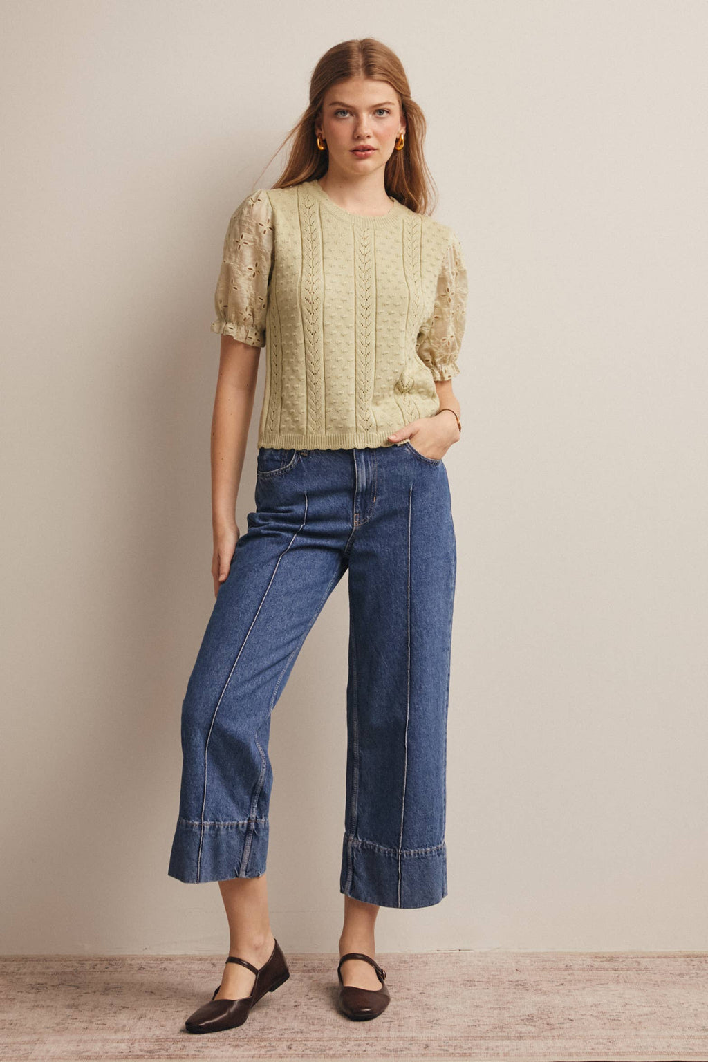 Lace Puff Sleeve Knit Top