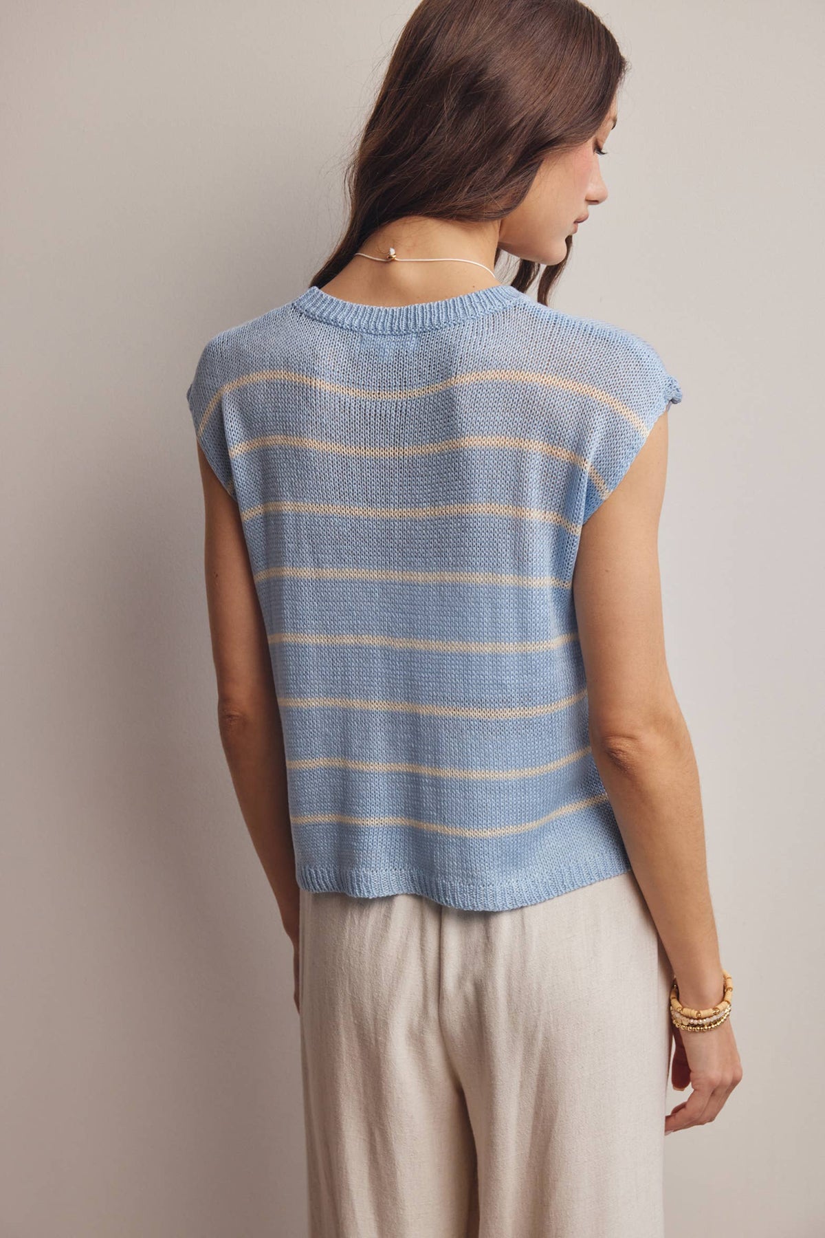 Striped Knit Cap-Sleeve Sweater Top