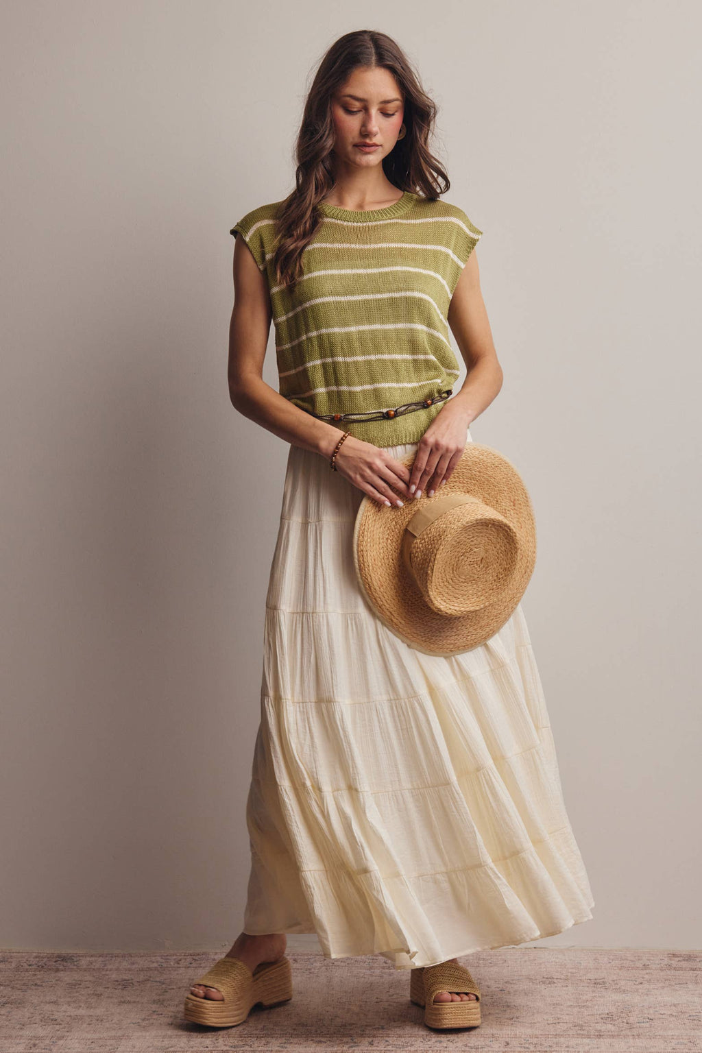 Striped Knit Cap-Sleeve Sweater Top