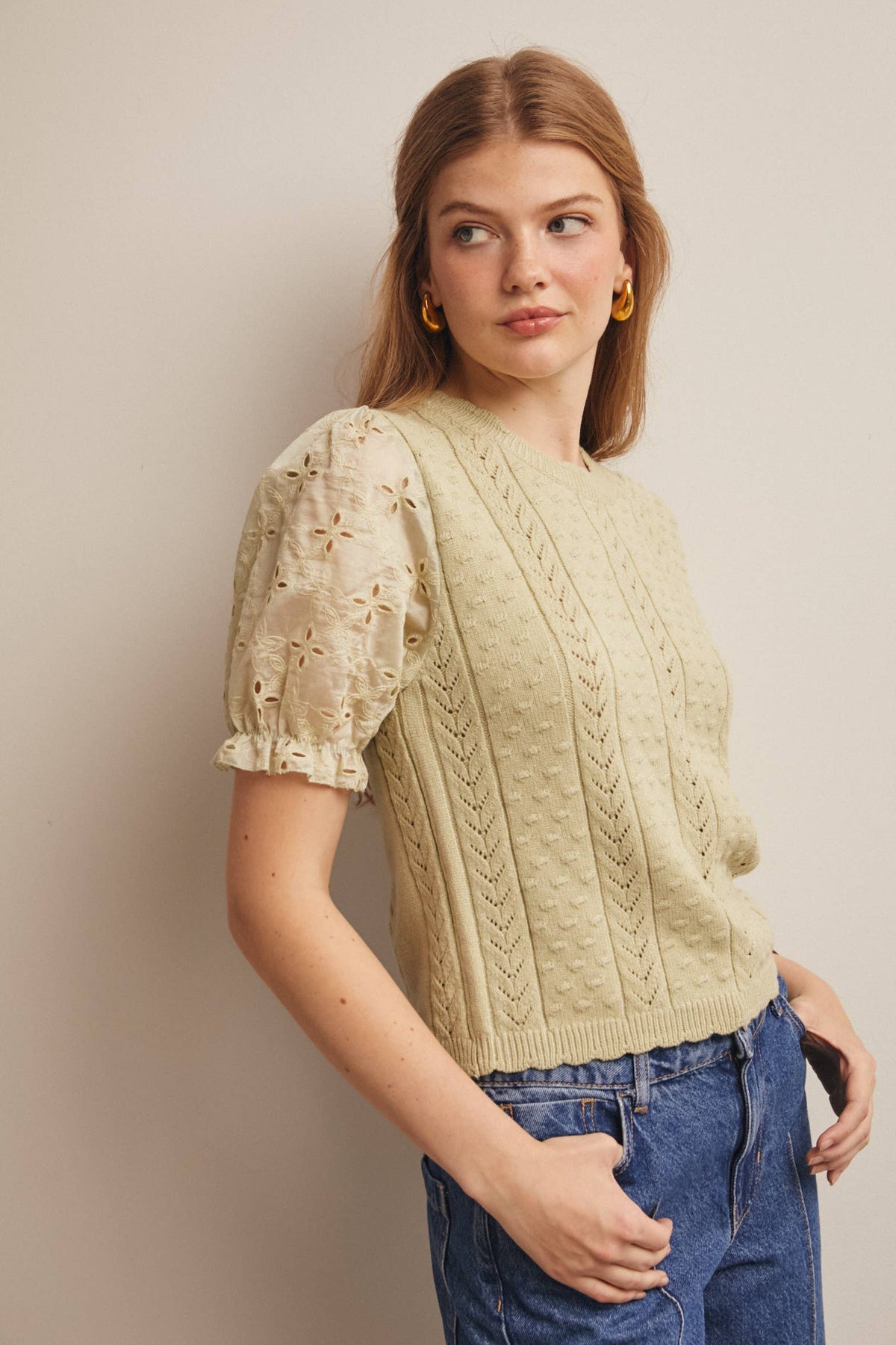 Lace Puff Sleeve Knit Top
