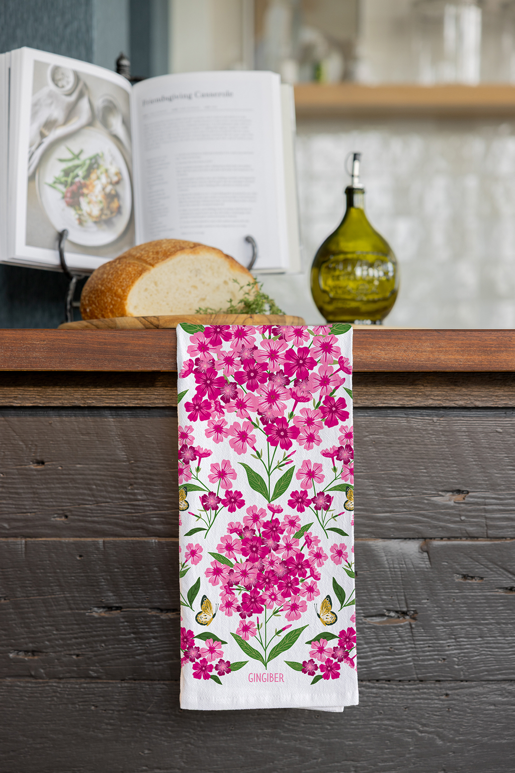 Pink Perennial Tea Towel - Spring Floral Kitchen Towel Decor