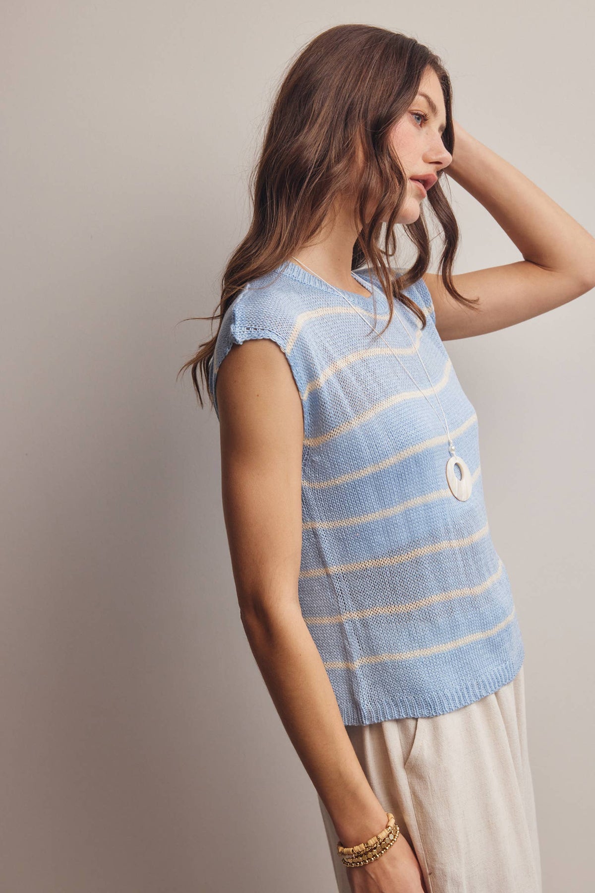 Striped Knit Cap-Sleeve Sweater Top