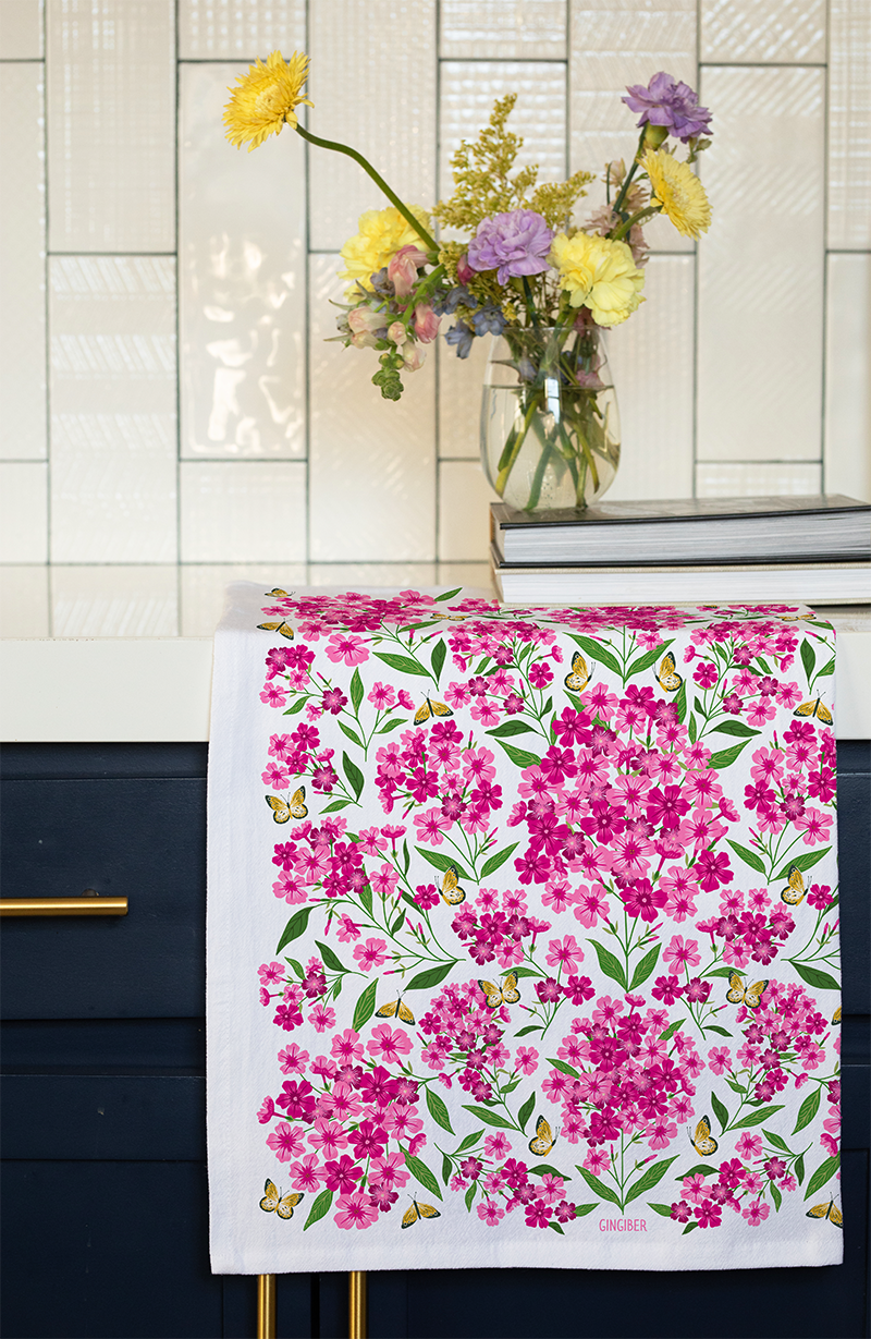 Pink Perennial Tea Towel - Spring Floral Kitchen Towel Decor