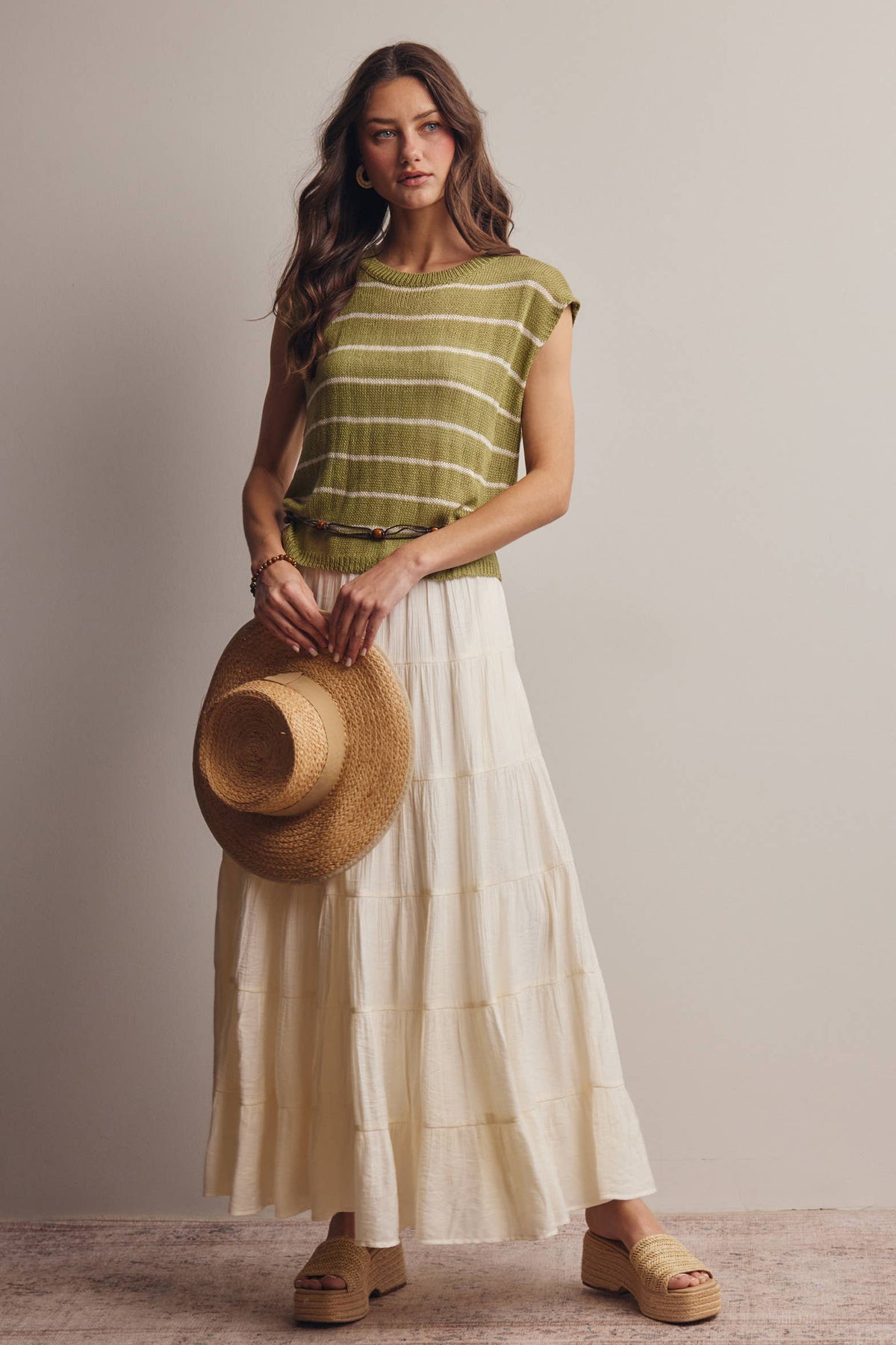 Striped Knit Cap-Sleeve Sweater Top