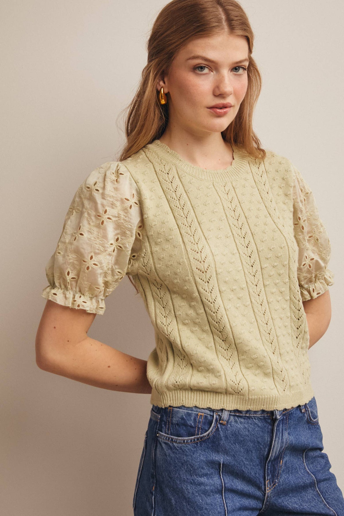 Lace Puff Sleeve Knit Top