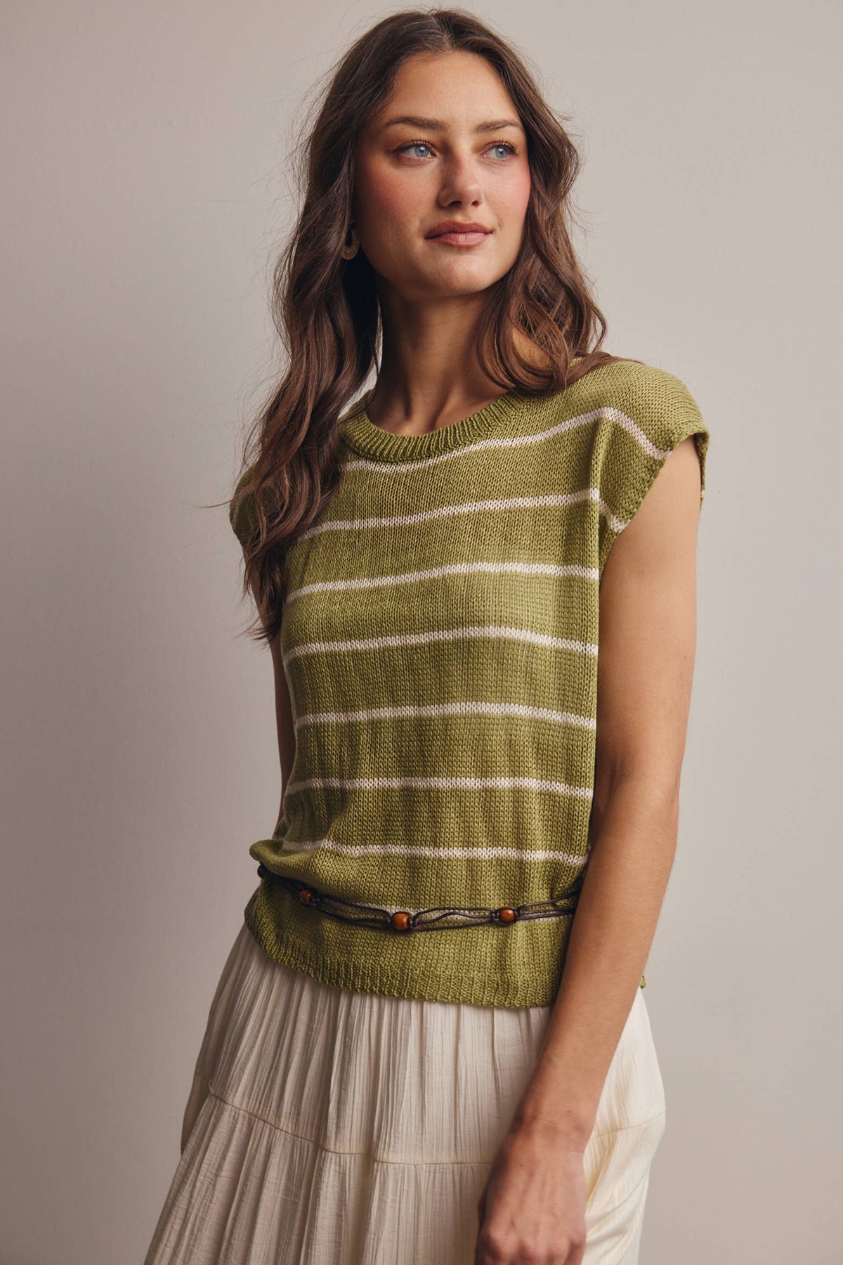Striped Knit Cap-Sleeve Sweater Top