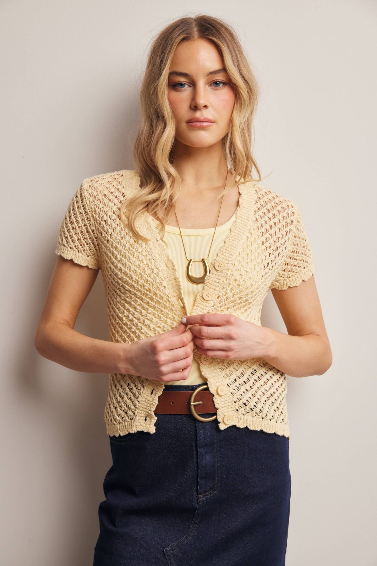 Open-Knit Short-Sleeve Crochet Cardigan Top