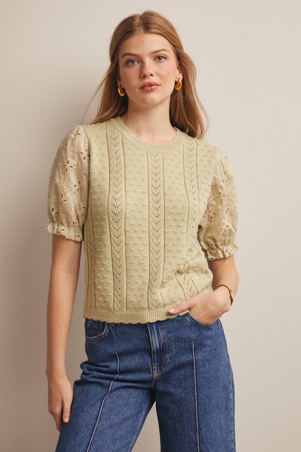 Lace Puff Sleeve Knit Top