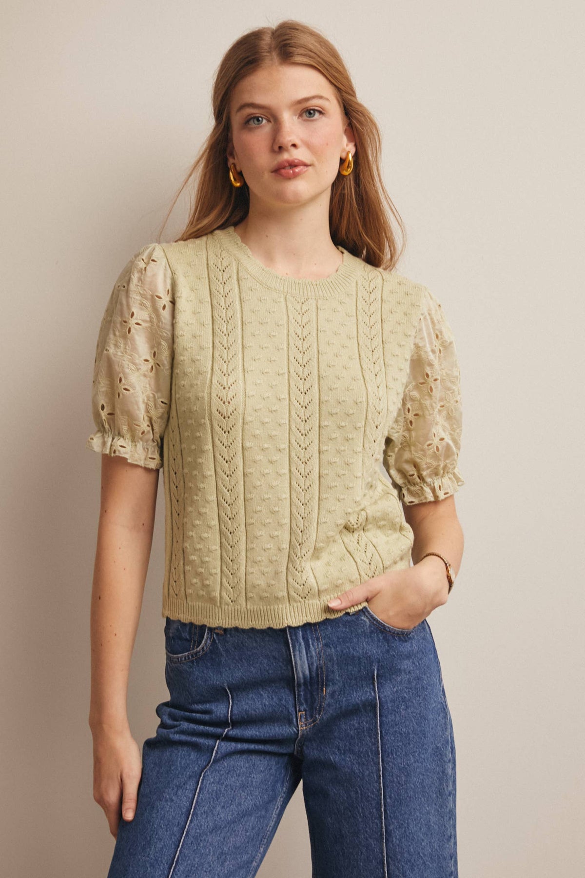 Lace Puff Sleeve Knit Top