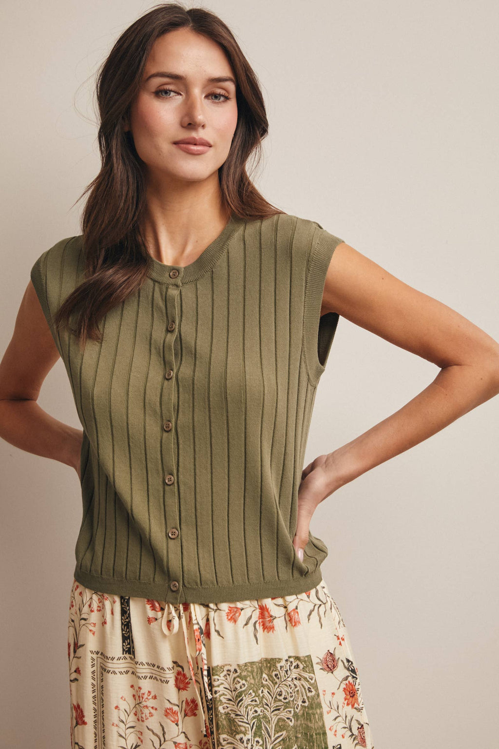 Ribbed Button-Front Knit Tank