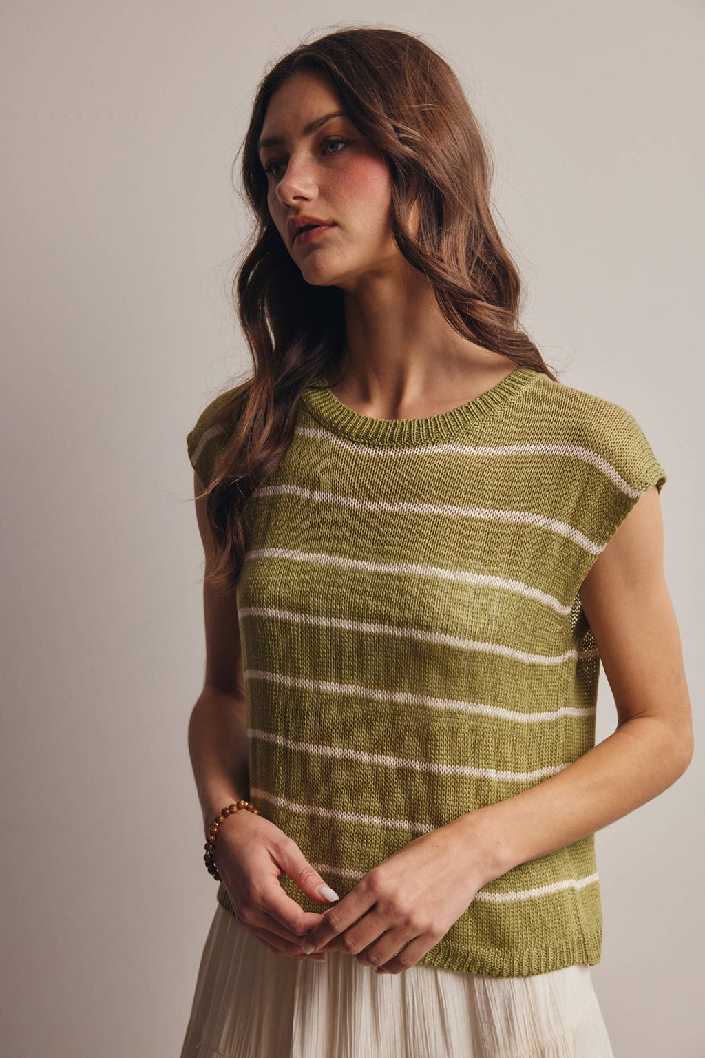 Striped Knit Cap-Sleeve Sweater Top