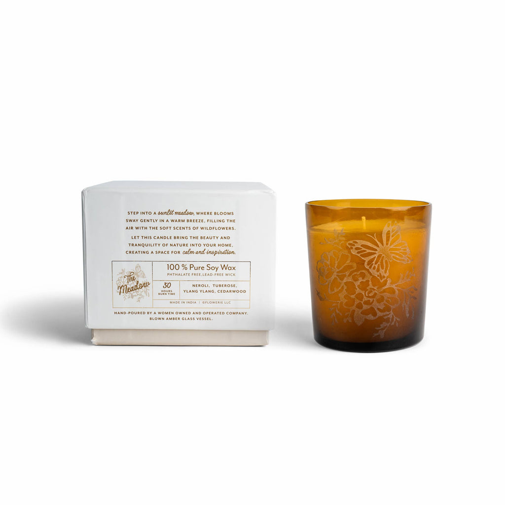 The Meadow Candle | Soy Wax Amber Glass Gold Foil Floral Box